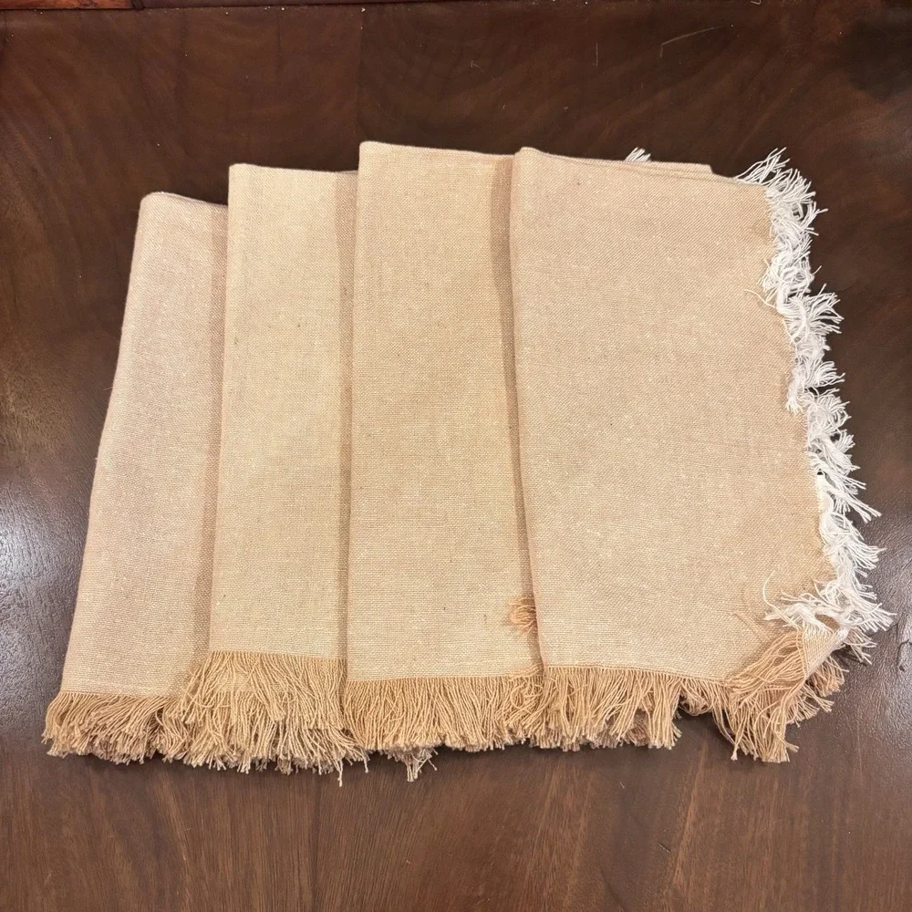 Set of 4 Quality Living Fringed Cloth Napkins Beige Tan Cotton Blend 18x18